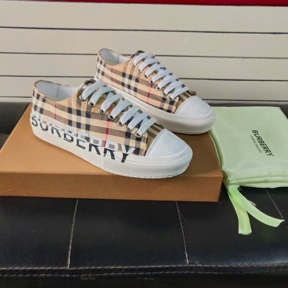 Burberry Logo Print Vintage Check Cotton Sneakers Archive Beige - Picture 1 of 7